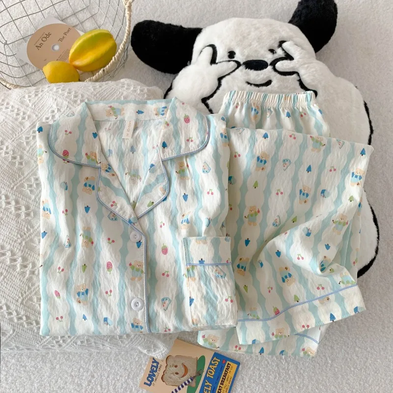 Summer Three-Piece Women's Pajama Set Bear Print Sleepwear Casual Sweet Cute Short Sleeve Pajamas with Shorts Spring and Fall 6