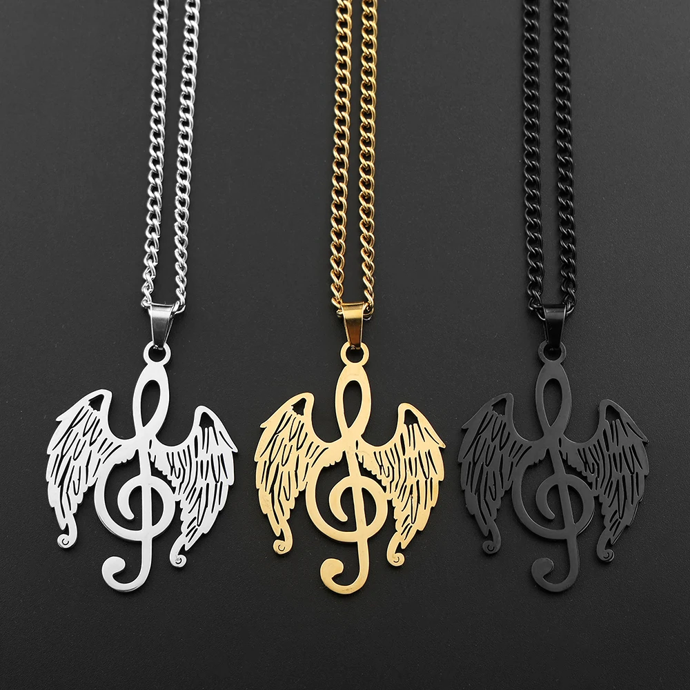 Stainless Steel Treble Clef Angel Wings Pendant Necklace for Women Men Music Lover Jewelry Gift Curb Chain Necklace for Musician