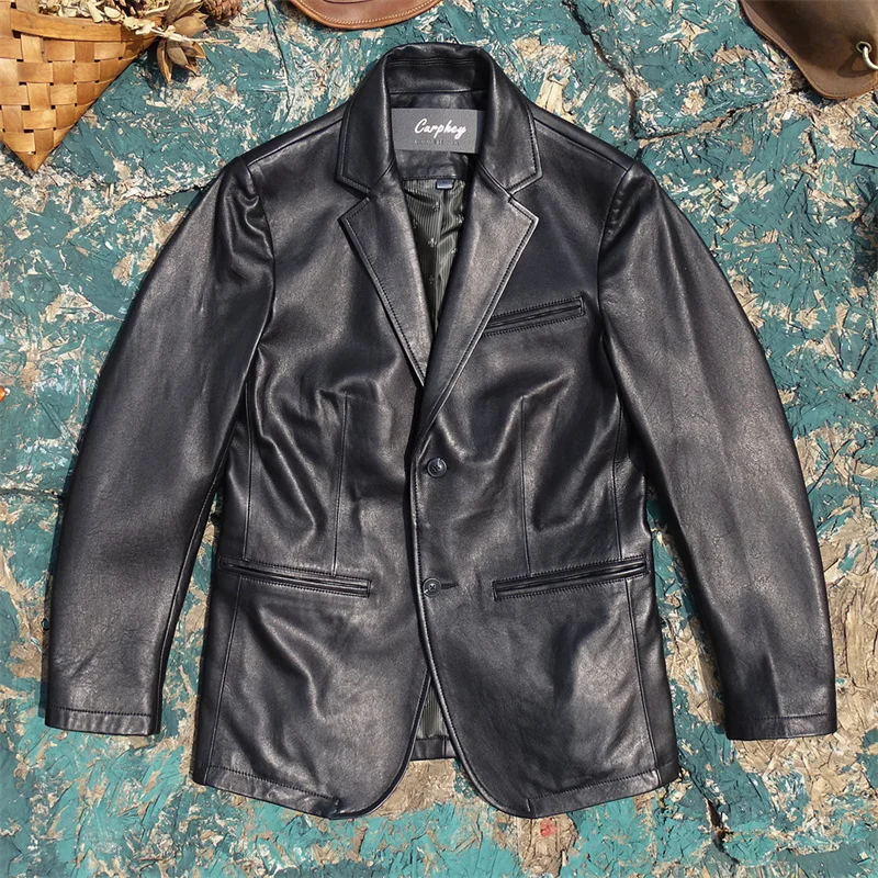 

Busin Casual Top Layer eepskin Leather Jaet Men's Sli Coat Youthful Vitali Sle Long Sve Single Button Closure