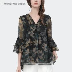 Loose-Fitting Retro Floral Chifon Blouse Women Flared Sleeve V-neck Printed Shirt 2022 Spring Summer New Casual Work 70 80s Tops