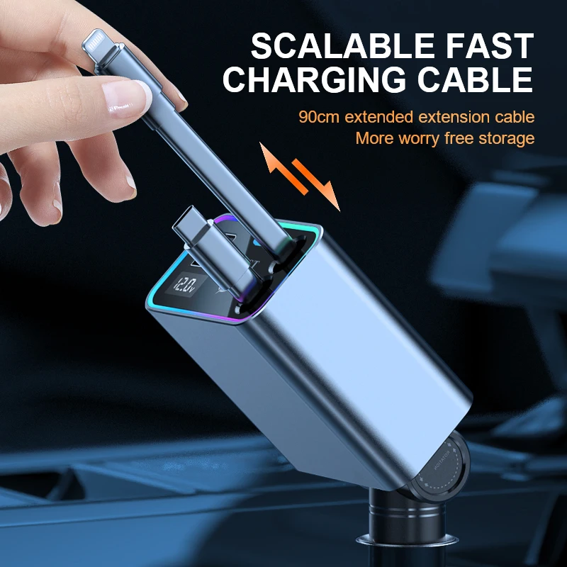 4 in 1 148W Car Charger Retractable PD66W Car Cigarette Lighter Adapter USB Type C Fast Charger Cable For IPhone Xiaomi Samsung