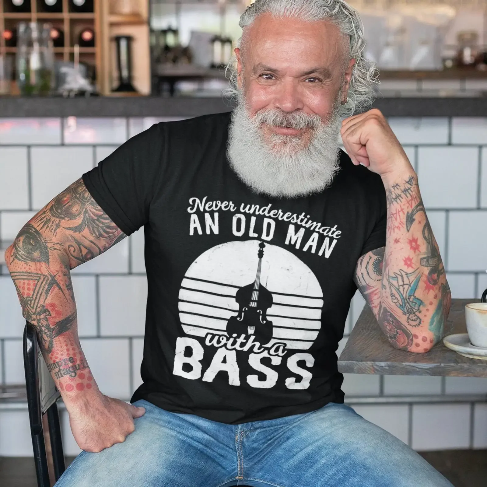 Never Underestimate An Old Man With A Bass T Shirt Funny Double Player Upright Contrabass Bluegrass  vintage Washed