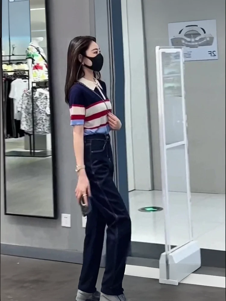 

Retro Neck Striped Color Block Short Sleeve Knitted Sweater And Deep Blue Jeans Two Piece Set Summer New Arrival Women's...