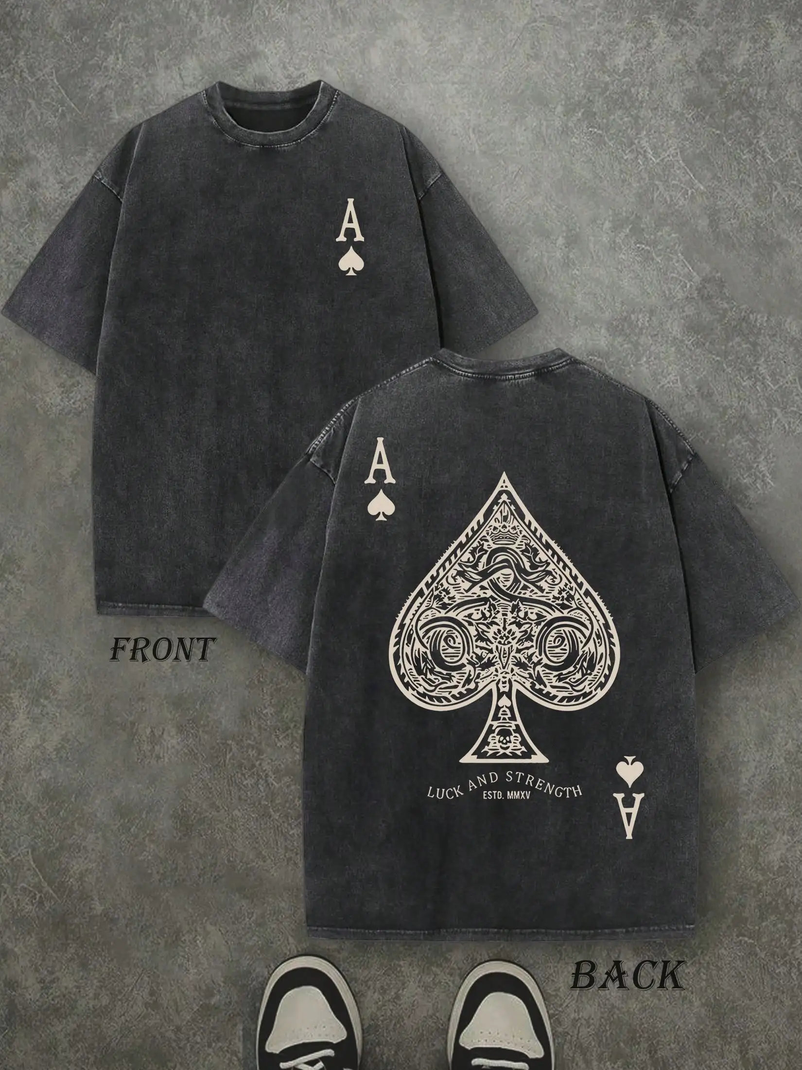 Retro Washed Printed 'LUCK AND STRENGTH' Letter and Ace of Spades Print T-Shirt Comfortable Fashionable Retro Street Y2K Style