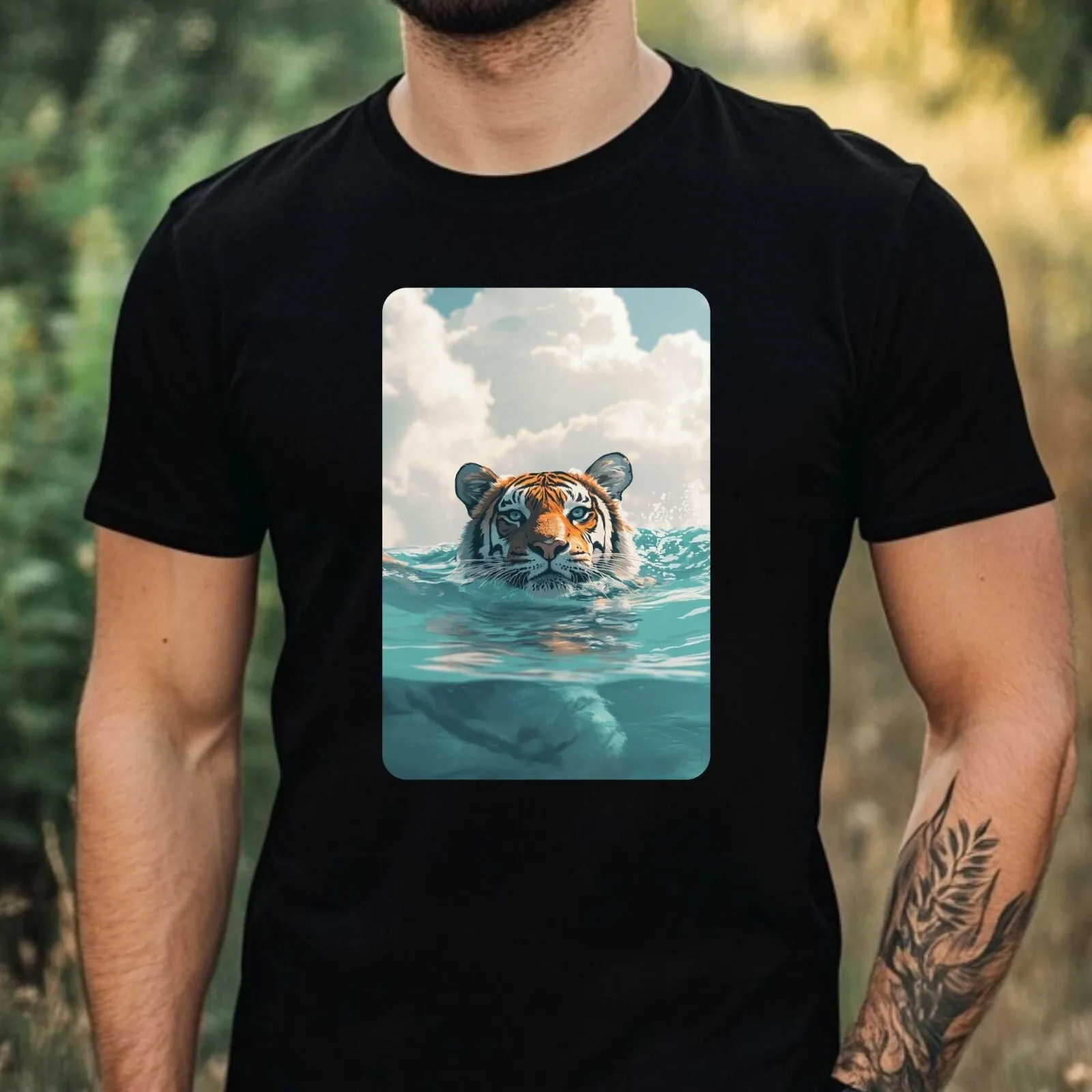 Herren-T-Shirt aus Baumwolle mit Motiv „Tiger schwimmt im Ozean“, Größe XS bis 5XL