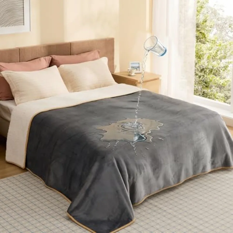 

Waterproof Blanket for Bed King Size Sherpa Fleece Gray/Beige Soft Plush Reversible Furniture Protector for Large Dogs Bed/Couc