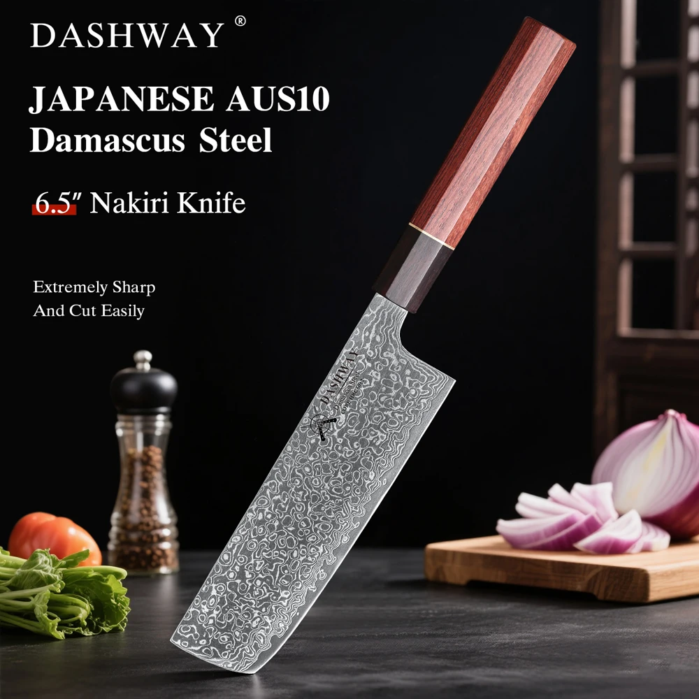 

Нож DASHWAY 6.5 дюймов в японском стиле Накири, из дамасской стали, для нарезки мяса и овощей, ручной работы, профессиональный кухонный нож шеф-повара