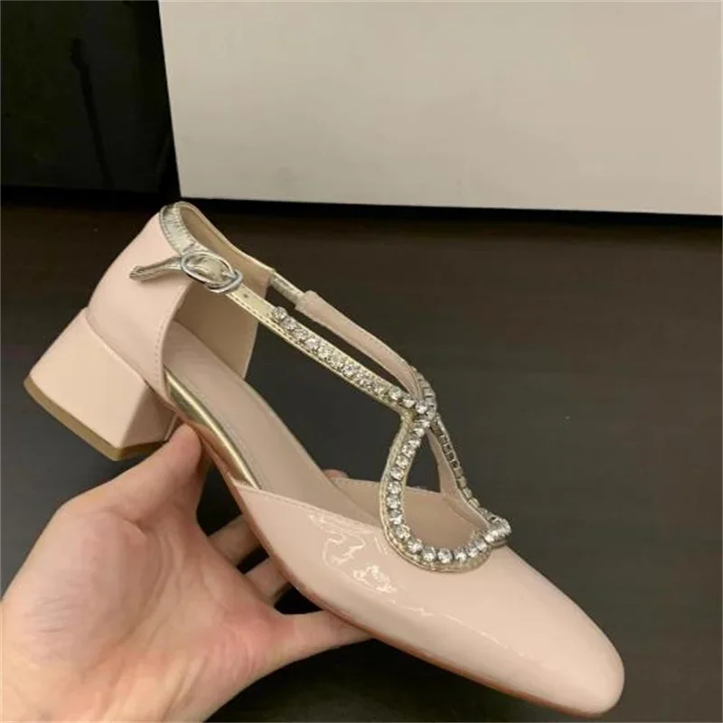 

Rhinestones Shoes For Women Square Toes Ladies High Heels Patent Leather Female Sandals Buckle Tacones Crystal Chassure Femme