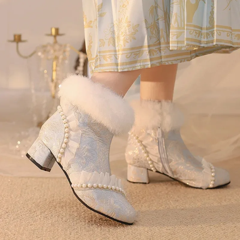 

2025 Autumn Winter New Elegant Beaded Rabbit Hair Women's Ankle Booties Lace Lady Boots Printed Cheongsam Hanfu Femme Dress Shoe