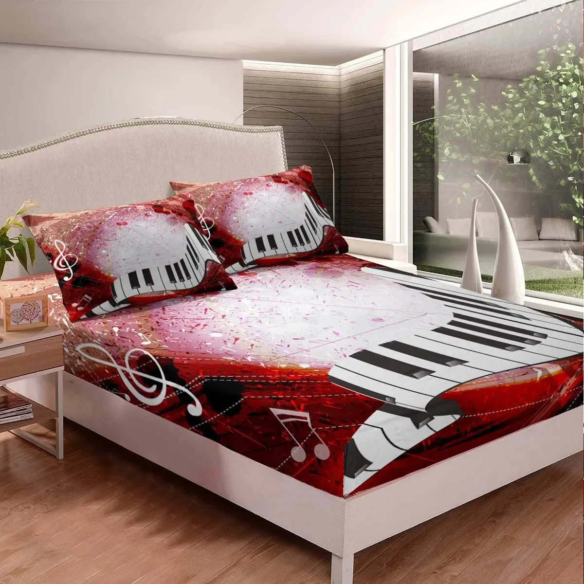 Music Theme Fitted Sheet Piano Keys Bed Sheet Set All-Around Elastic Deep Pocket King Queen Size Bedding Set for Kids Teens