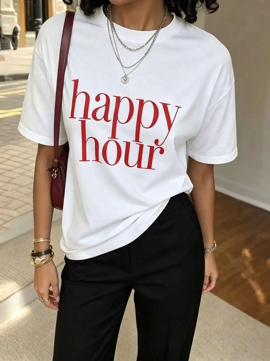 Women's Summer Crew Neck Short Sleeve T-Shirt, Casual Street Style Loose Fit Top With Happy Hour Graphic Print, Soft Breathable Fabric, Great Gift For Cocktail & Party Lovers