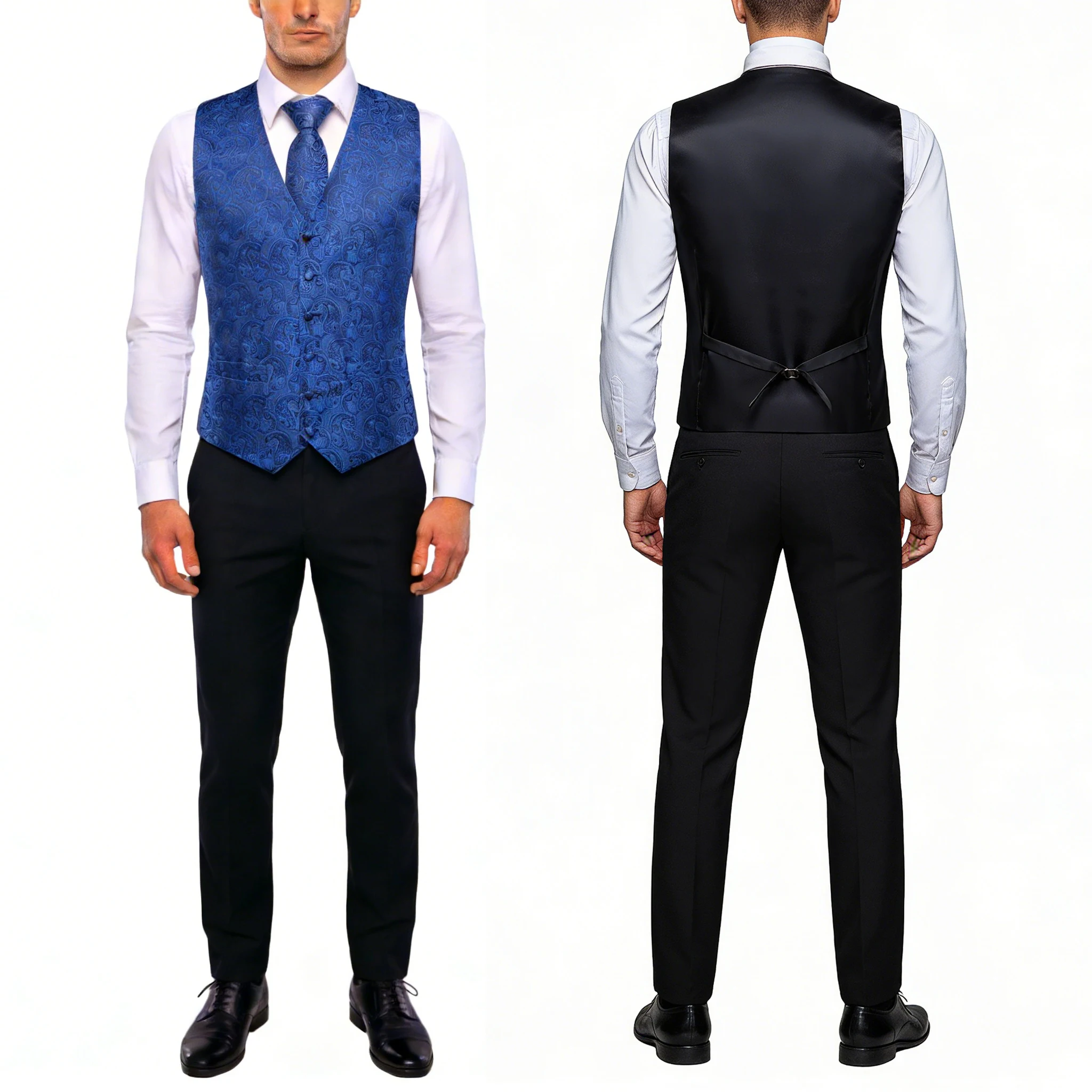 Navy Royal Sky Blue Mens Vests Jacquard Waistcoat Tie Hanky Cufflinks Set for Men Adjustable Back Belt Weddding Business Party