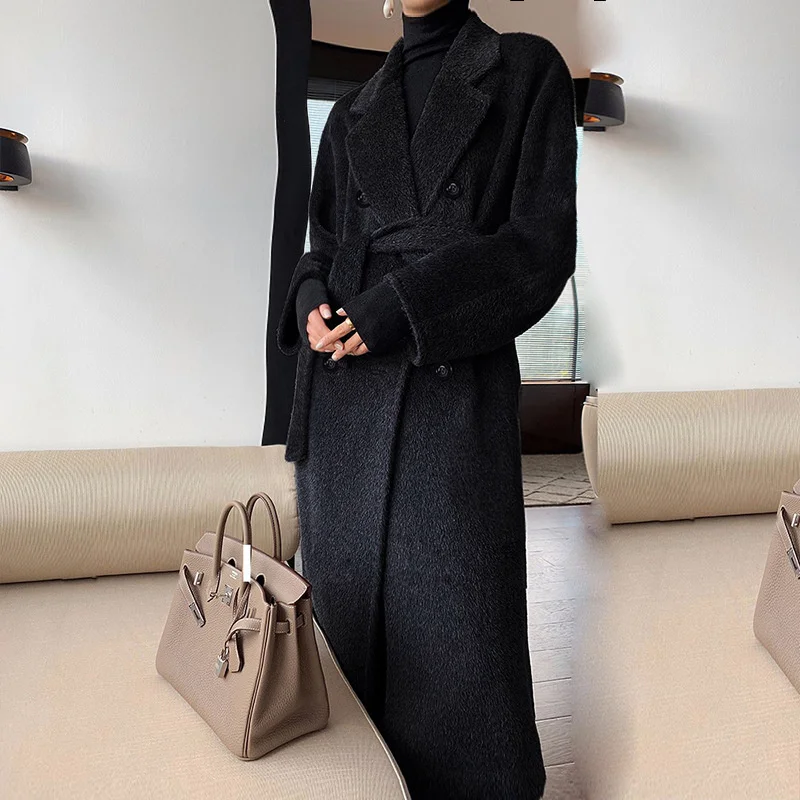 2022 High Quality Alpaca Coat Women Winter Reversible Thick Warm Wool Jackets Female Long Overcoat Belt Slim Solid Woolen Coats