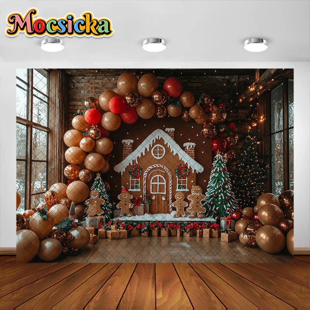 Fondo de fotografía de hombre de jengibre de dibujos animados arco de Navidad decoración de la casa de globos niños fiesta de vacaciones telón de fondo accesorios de estudio