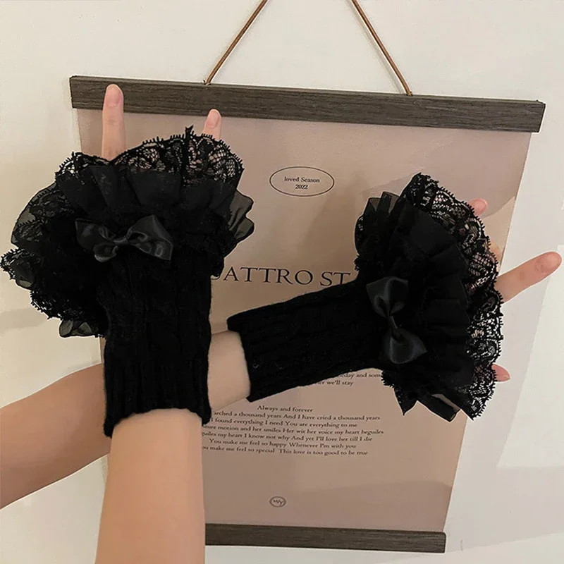 Lolita Lace Bowknot Gloves Y2K Fingerless Gothic Winter Warm Sunscreen Sleeve False Sleeve Gloves Women JK Clothing Accessories