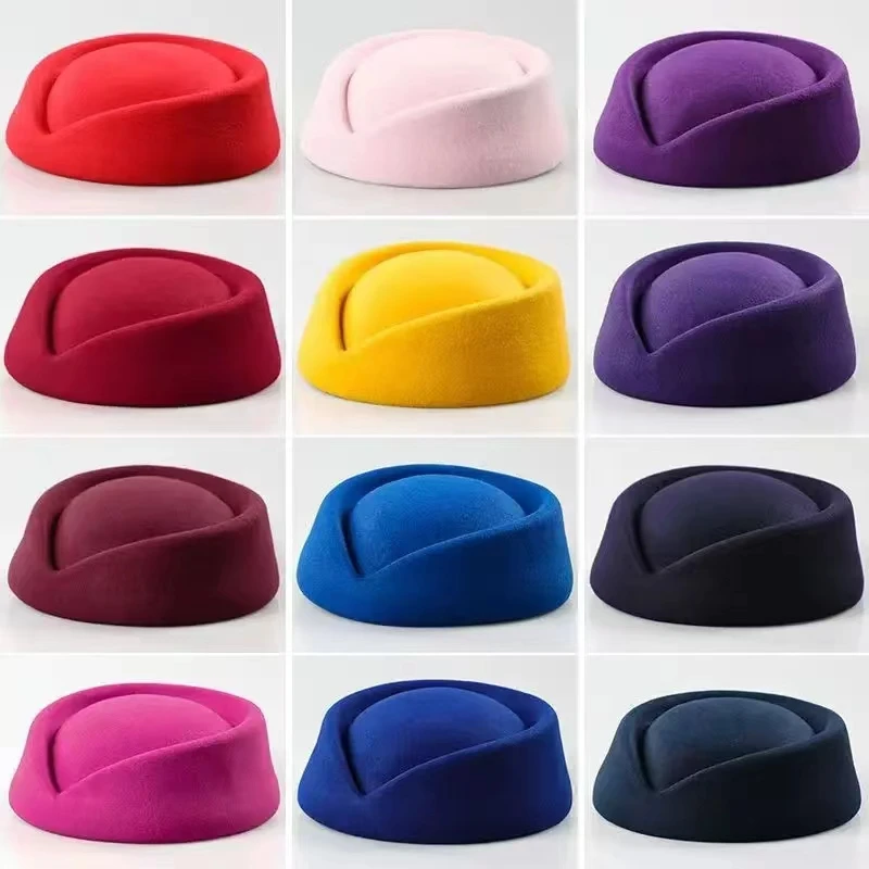 Airline Stewardess Cadet Formal Uniform Hat Caps Women Imitation Wool Felt Cap Ladies Pillbox Hats with Rope Air Hostesses Hat