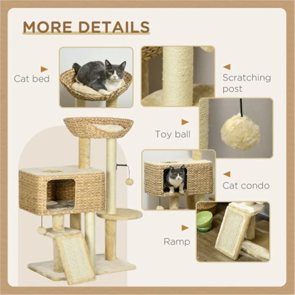 indoor cat tree with scratching posts, ramps, condo, toy balls, platforms, and bed in beige