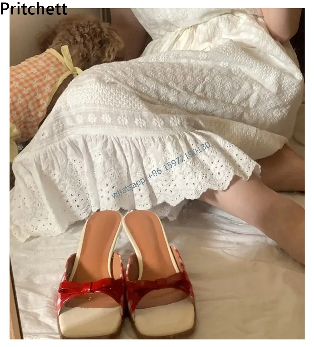 Retro Plaid Bow Sandals Kitten Heels White Red French Style Peep Toe Shoes Mixed Color Sweet and Cute Women's Vocation Shoes