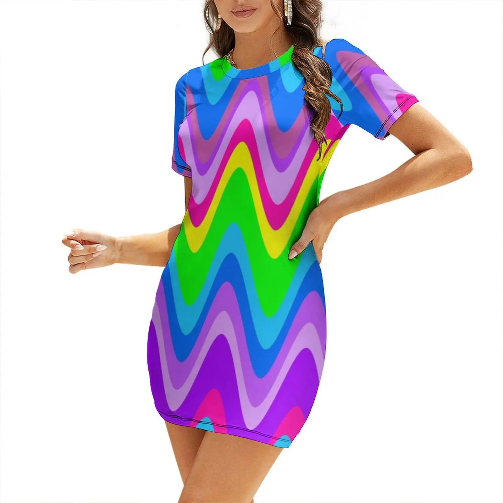 

Groovy Disco Waves - 70s Neon Glow Short Sleeved Dress cute dress Women's dress