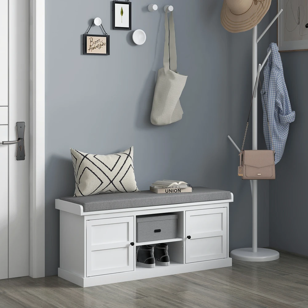 Entryway Shoe Bench with Removable Washable Cushion, 3-Level Adjustable Shelf Shoe Storage Cabinet, MDF Stable Hallway Organizer Bench for Home