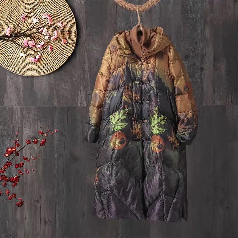 

Winter Long Printing Tie Dye Hooded Down Jacket Female Quilted Knee Length Down Jacket Women White Duck Down Warm Parker Outwear