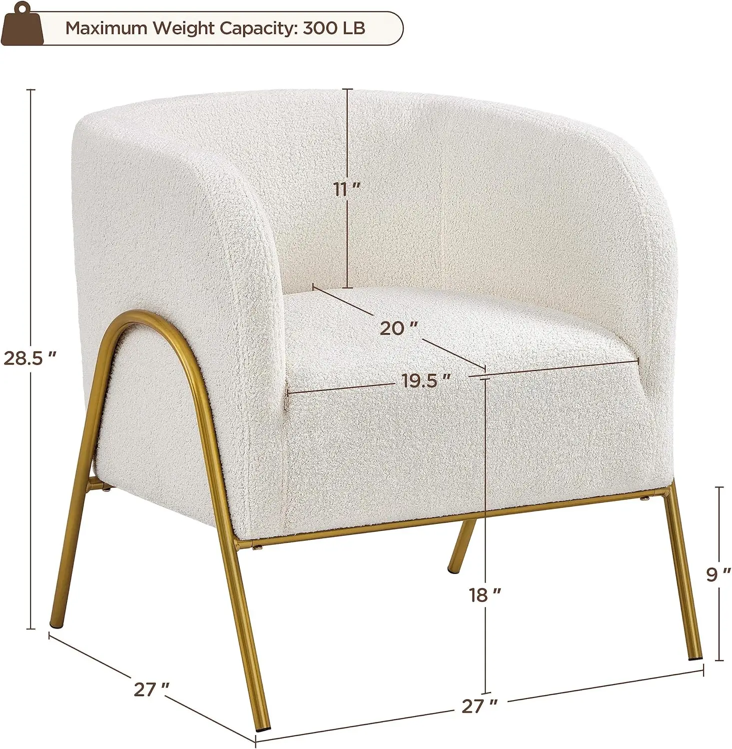 Ivory Boucle Fabric Accent Chair with Golden Legs for Living, Makeup, Bedroom or Reading Room - Cozy and Modern