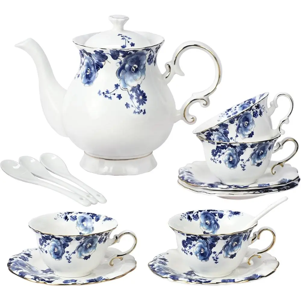 

Bone China Tea Set or Adults, 13-Piece Blue and White Porcelain Tea Set or 4, Vintage loral Tea Set With Teapot and Teaspoons, T