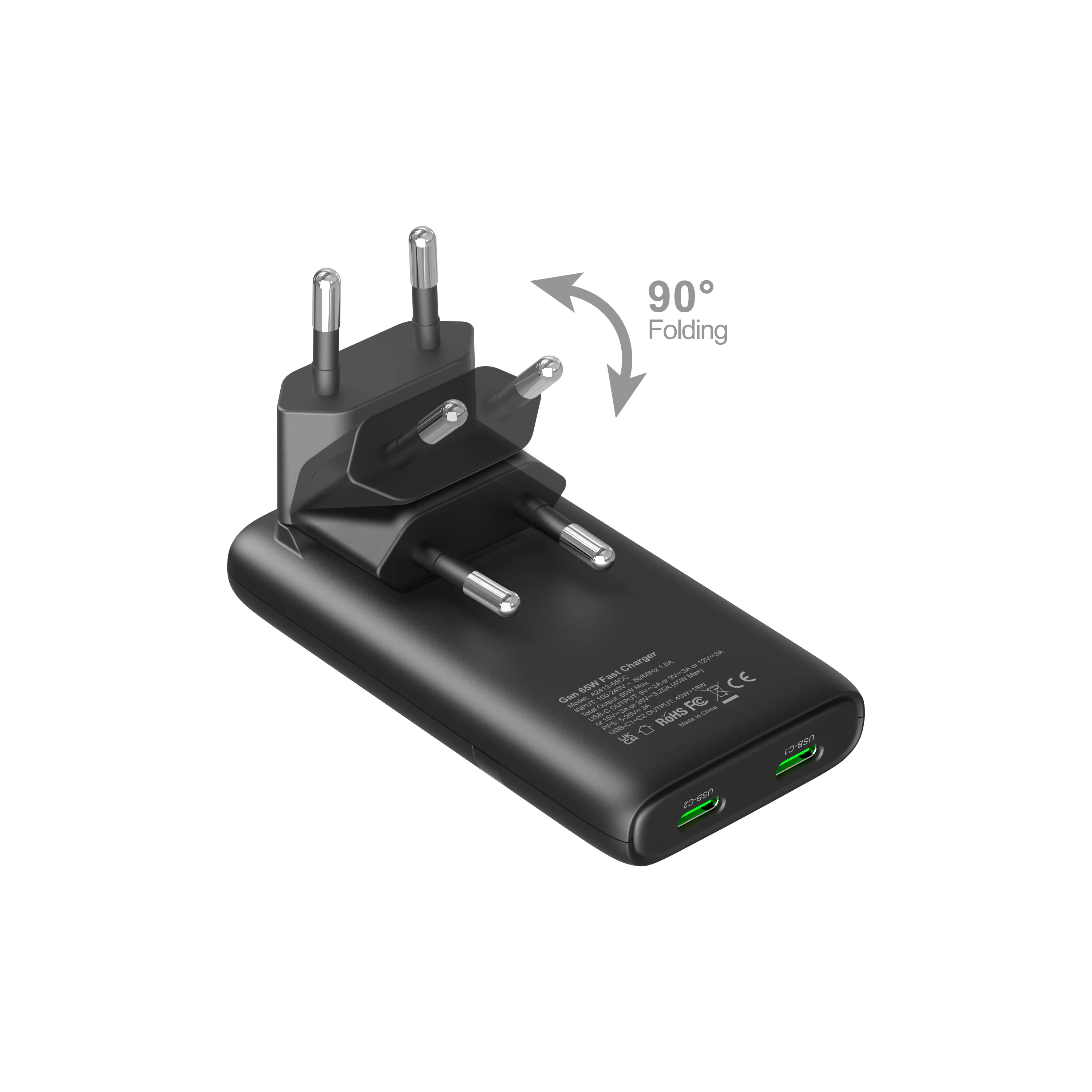 65W GaN 2-port Flat USB-C Wall Charger With USB C Fast Charging Ultra-thin Foldable Plug Suitable For iPhone Xiaomi Samsung