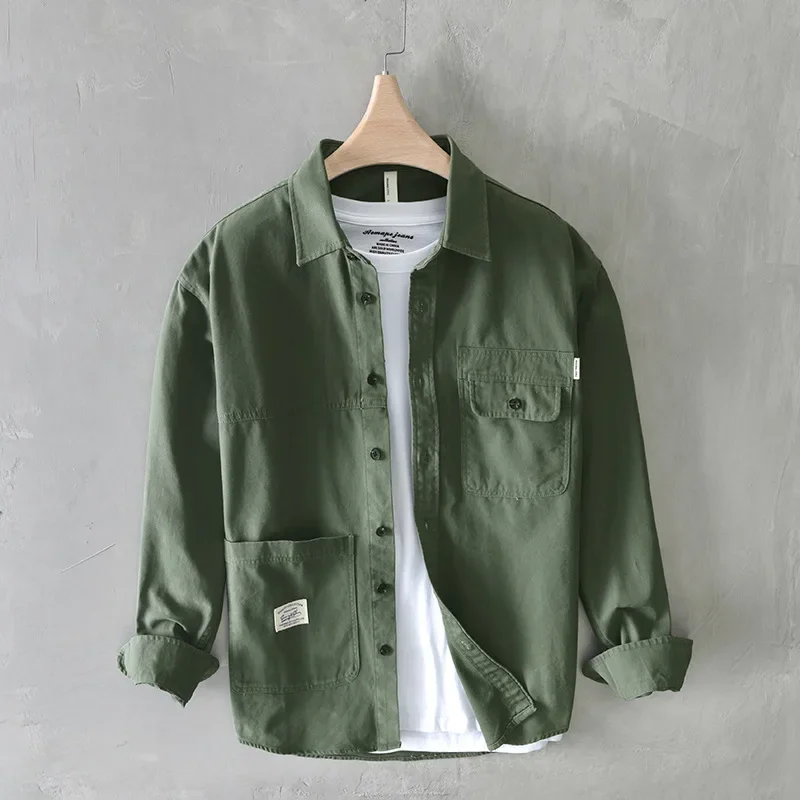 

Japanese Vintage Cargo Shirt Men Spring Autumn Streetwear Fashion Loose Shirts Male Long Sleeve Pure Cotton Shirt with Pockets