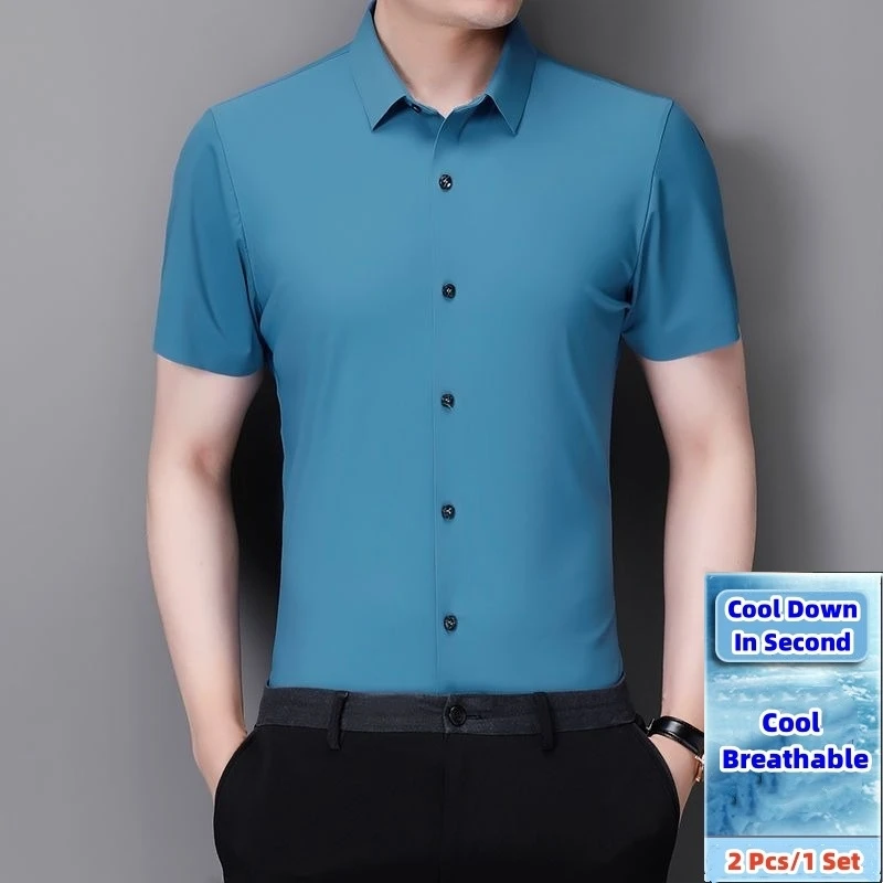 High End Ice Silk Shirts Men Short Sleeve Business Wrinkle Shirt Single Breasted Elastic Tops Luxurious Wedding Clothes 2pcs/Set