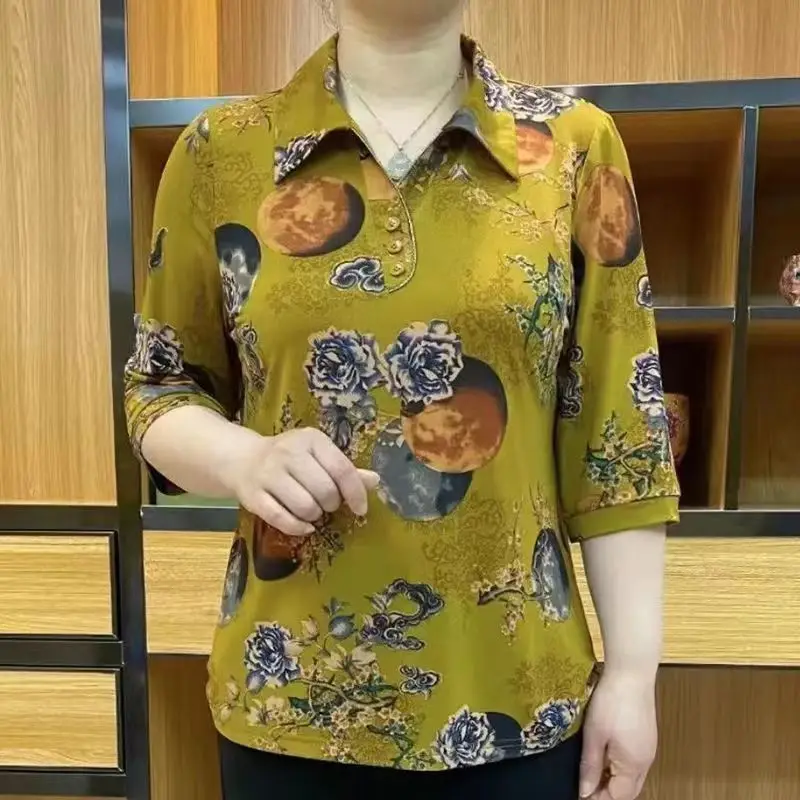 Elegant Vintage Women Long Sleeve Floral T-Shirt Spring Autumn New Tees Female Clothing Casual V-neck Loose Fashion Casual Tops