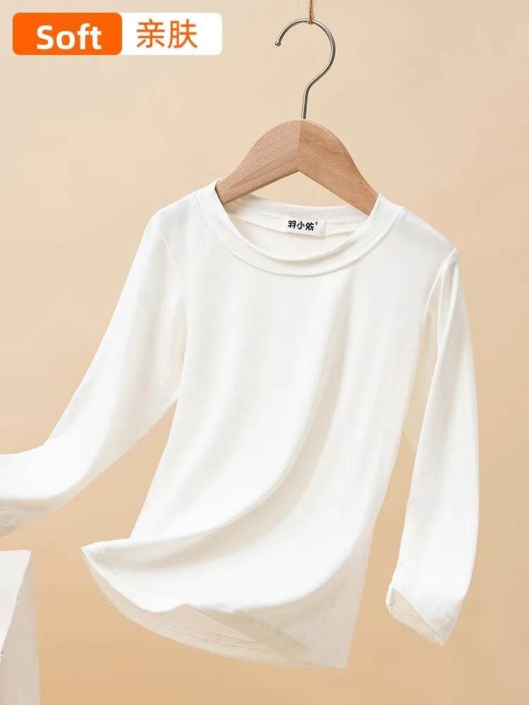 Children's Modal Long Sleeve T-Shirt round Neck Base Shirt Casual Loose Fit Boys Girls White Top Breathable Comfortable Sprin...