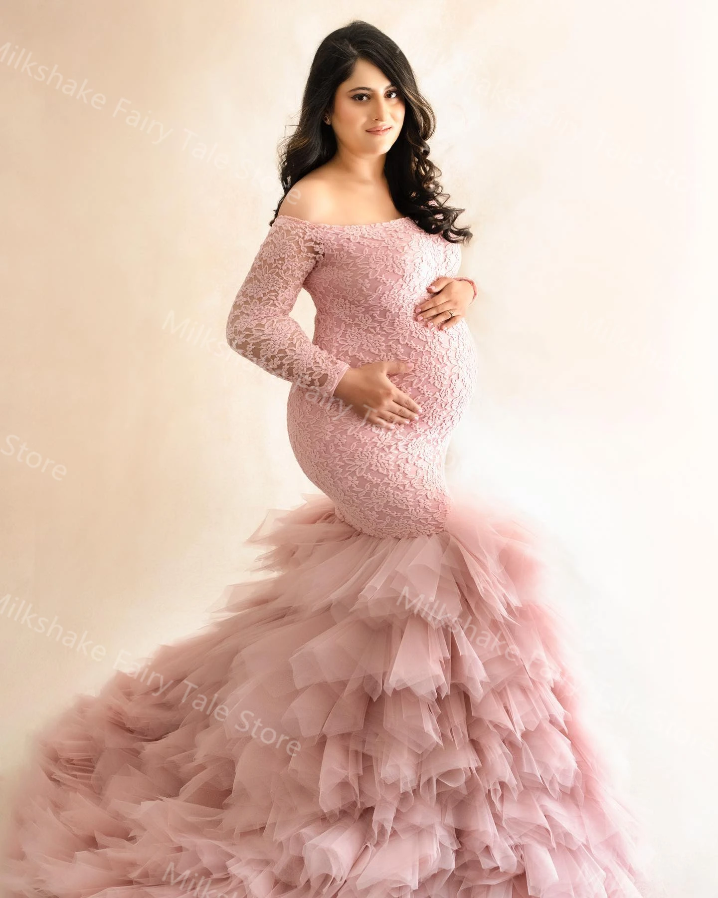 Pink Mermaid Maternity Robes for Photography Lace Tiered Ruffles Pregnant Women Dresses Sexy Customized Baby Shower Gowns