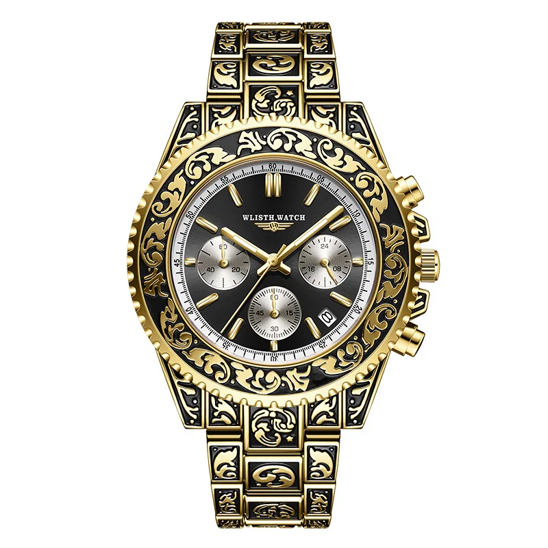 Vintage Engraved Men’s Quartz Watch with Calendar, Multifunction Sport Design, Hot Sale Water-Resistant Wristwatch