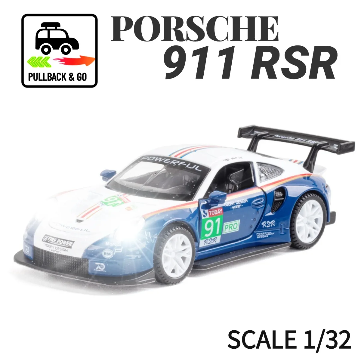 1:32 Porsche 911 RSR Pullback Car with Lights Engine Sound, Dodge VW Porsche Diecast Car Model Scale Replica Gift Kid Boy Toy