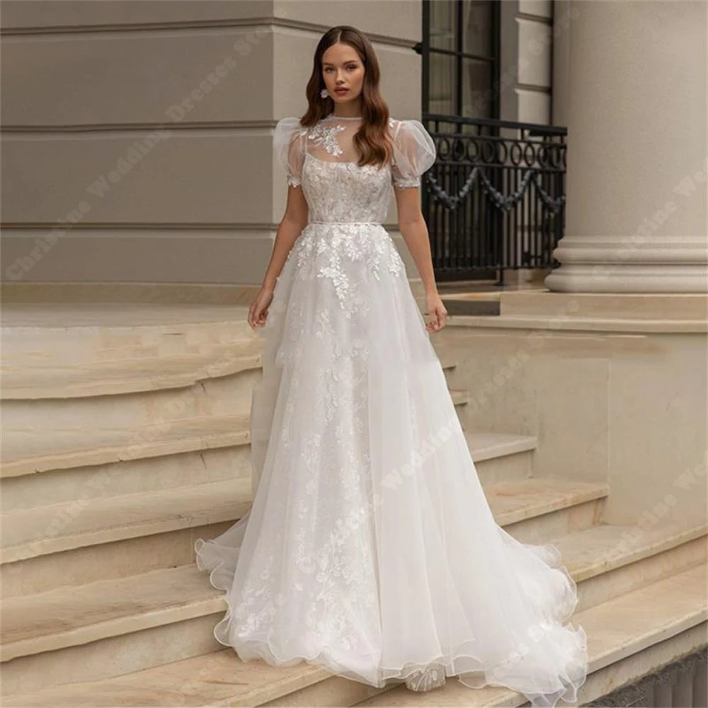 

Simple Tulle Surface Wedding Dresses A-Line Bridal Wedding Gowns Creative Puff Bubble Sleeves Mopping Length Vestidos De Noche