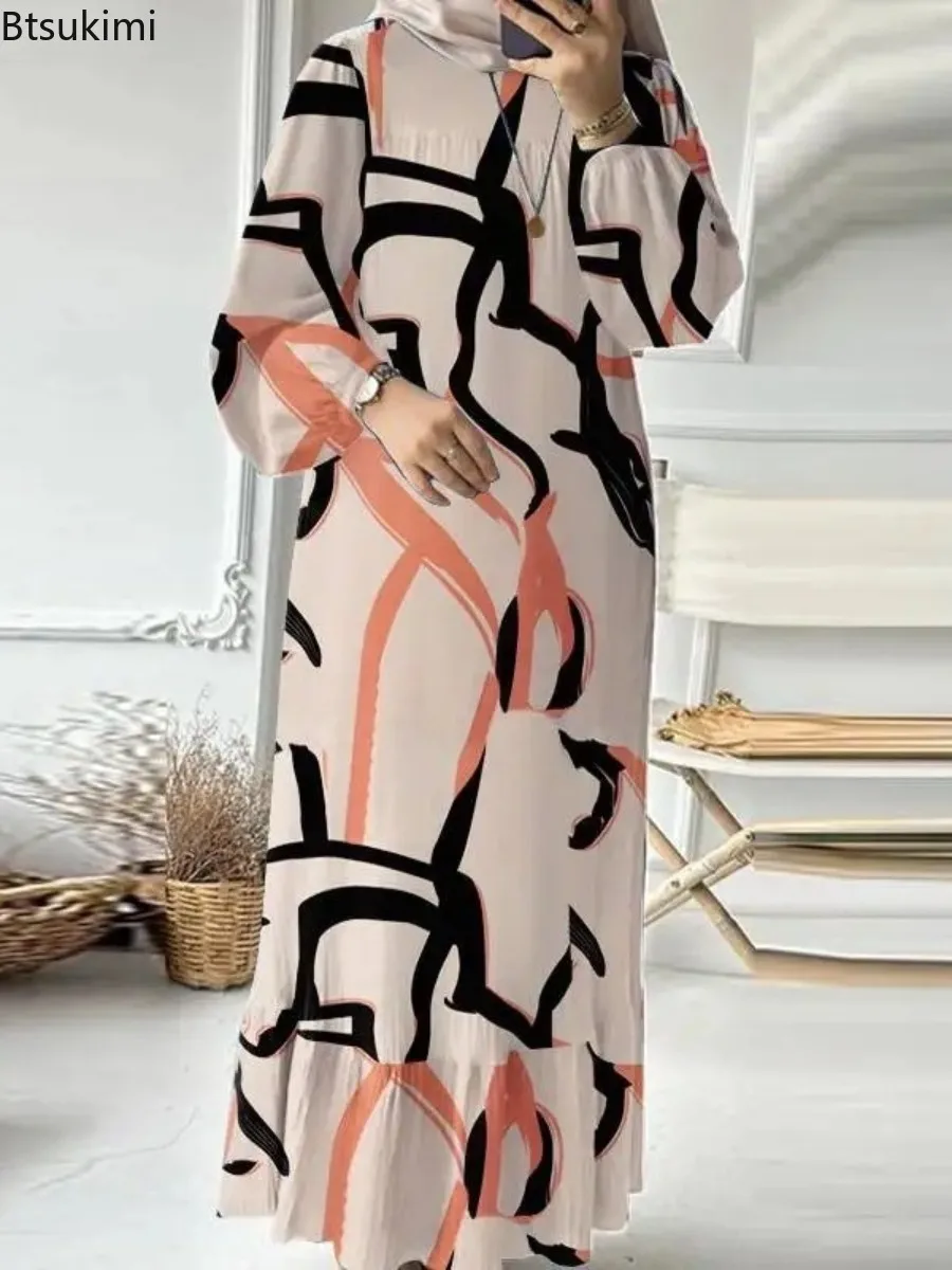 2024 Muslim Long Print Dress for Women Vintage Ruffle Hem Abaya Morocco Party Long Sleeve Dresses Islamic Dubai Arab Robe Female