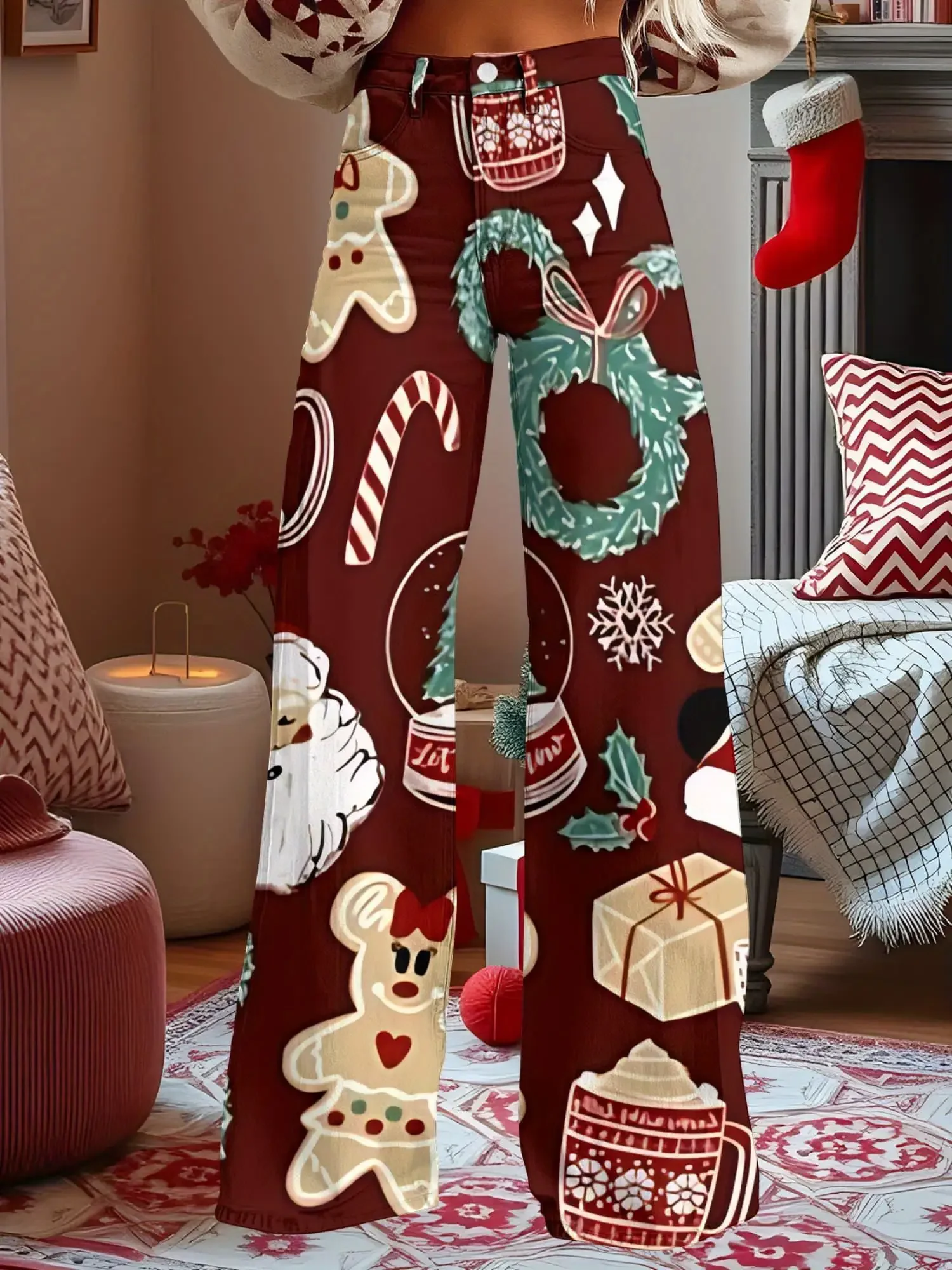 2026 New Christmas Women's Denim Jeans - Casual, Fashionable, Comfortable, Full printed Christmas element patterns