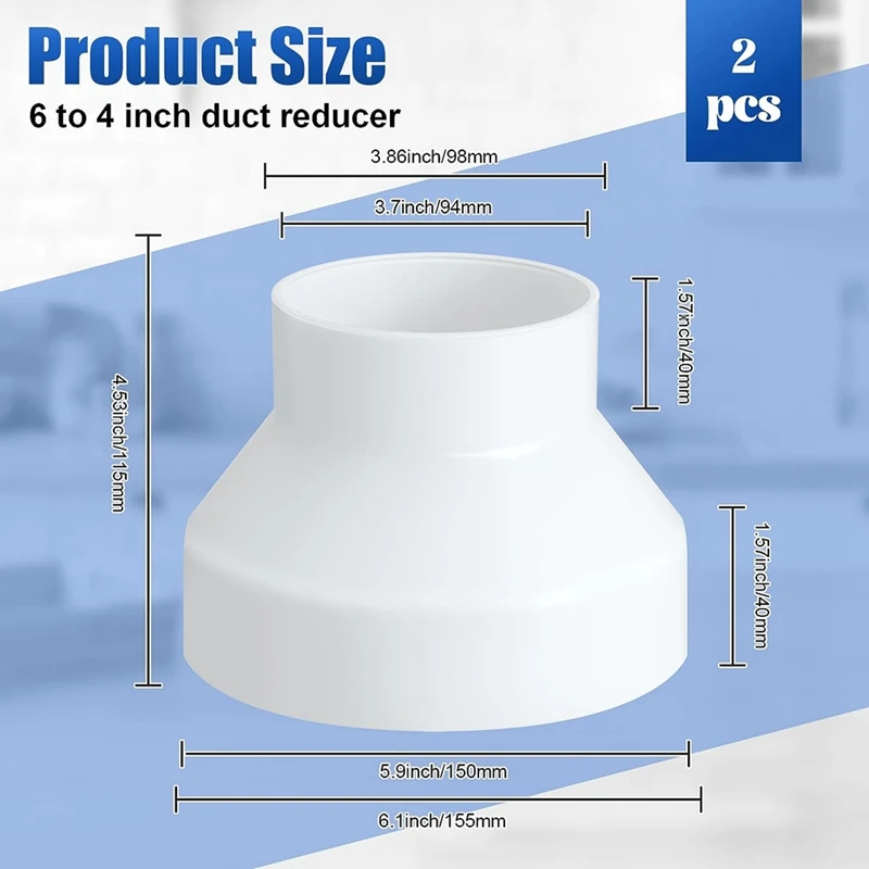 Reductor de conducto de 6 a 4 pulgadas, aumento de ABS, adaptador de conducto de aire, ventilador o secador, adaptador de ventilación, Conector de tubería HAVC, 2 piezas de plástico