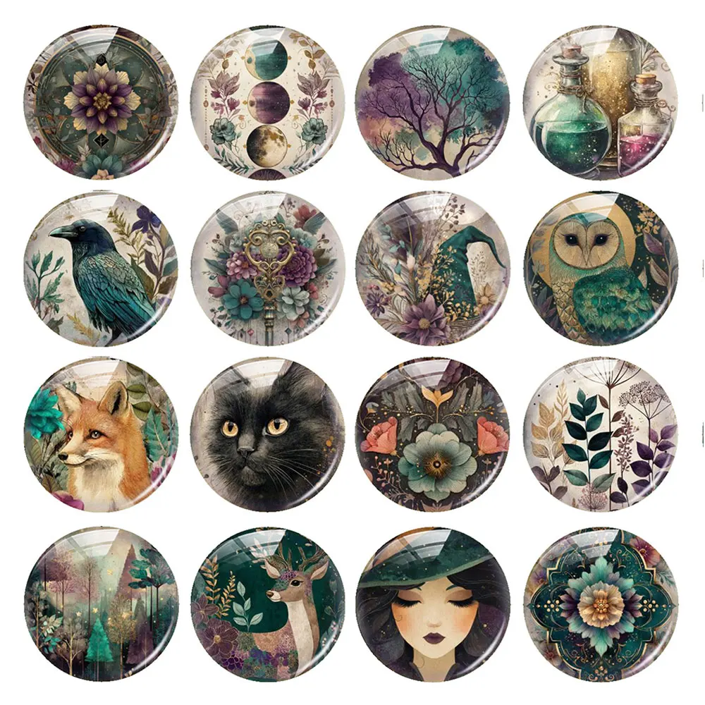 Random Mixed Round/Oval/Square Forest Witch Astrology Raven Owl Photo Glass Cabochon Flatback Demo Cameo For Diy Jewelry Making