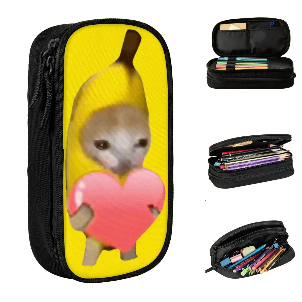 

Banana Cat Love Heart Pencil Case Double Layer Large-capacity Kids School Supplies Kawaii Pencil Box Perfect Gifts