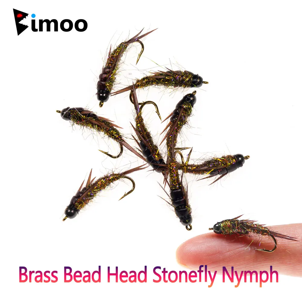 Bimoo #10 8PCS Brass Bead Head Stonefly Nymph Brown Hackle Copper Wire Fast Sinking Wet Nymph Fly For Trout Fishing Lures Baits