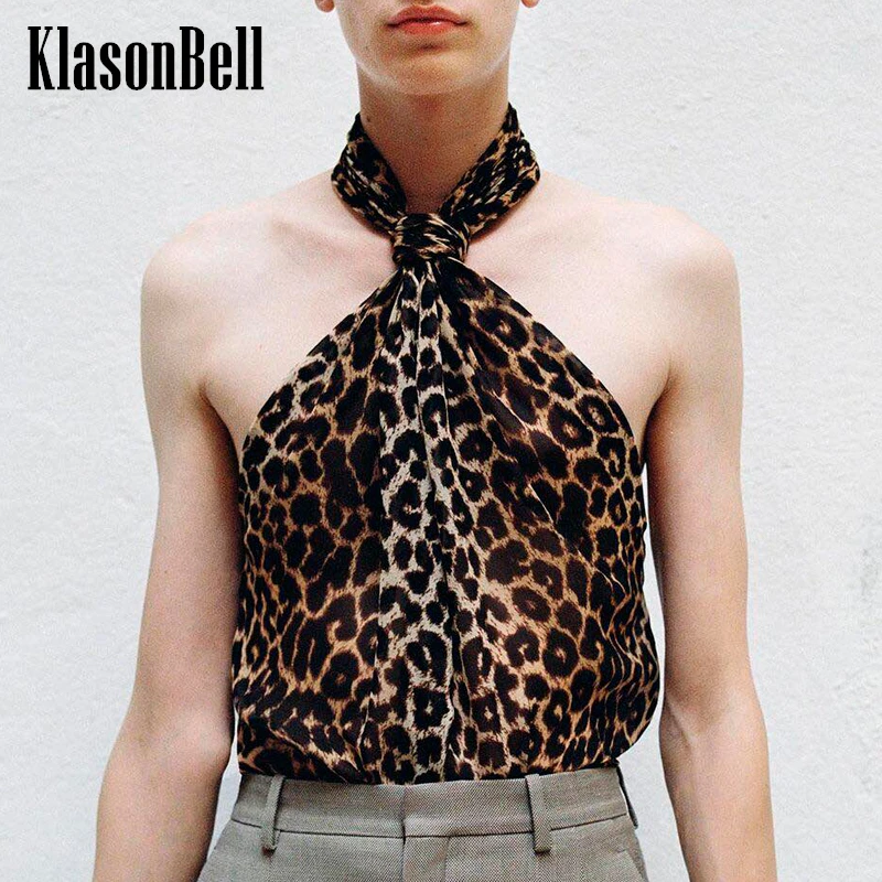 

3.25 KlasonBell Fashion Hot Girl Halter Knot Sexy Backless Tank Top For Women Holiday All-matches Silk Leopard Print Camisole