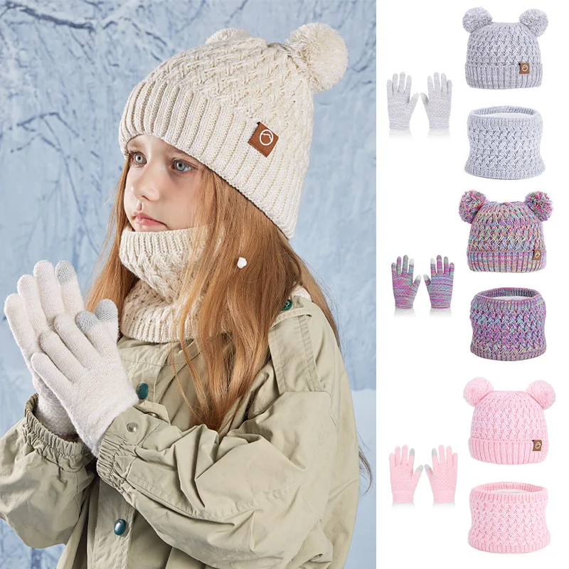 

3pcs/lot Children Hat Knitted Scarf Gloves Plus Velvet Ear Protection Hats for Boys Girls Winter Outdoor Warm Accessories 4-10Y