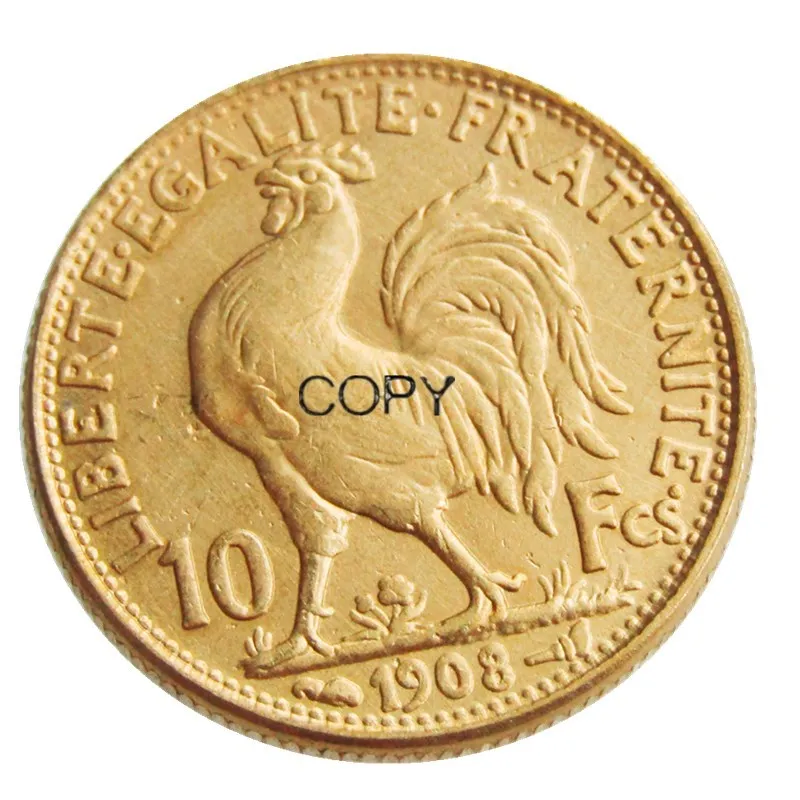 France 10 Francs 1908 Marianne Rooster Gold Plated Copy Coin