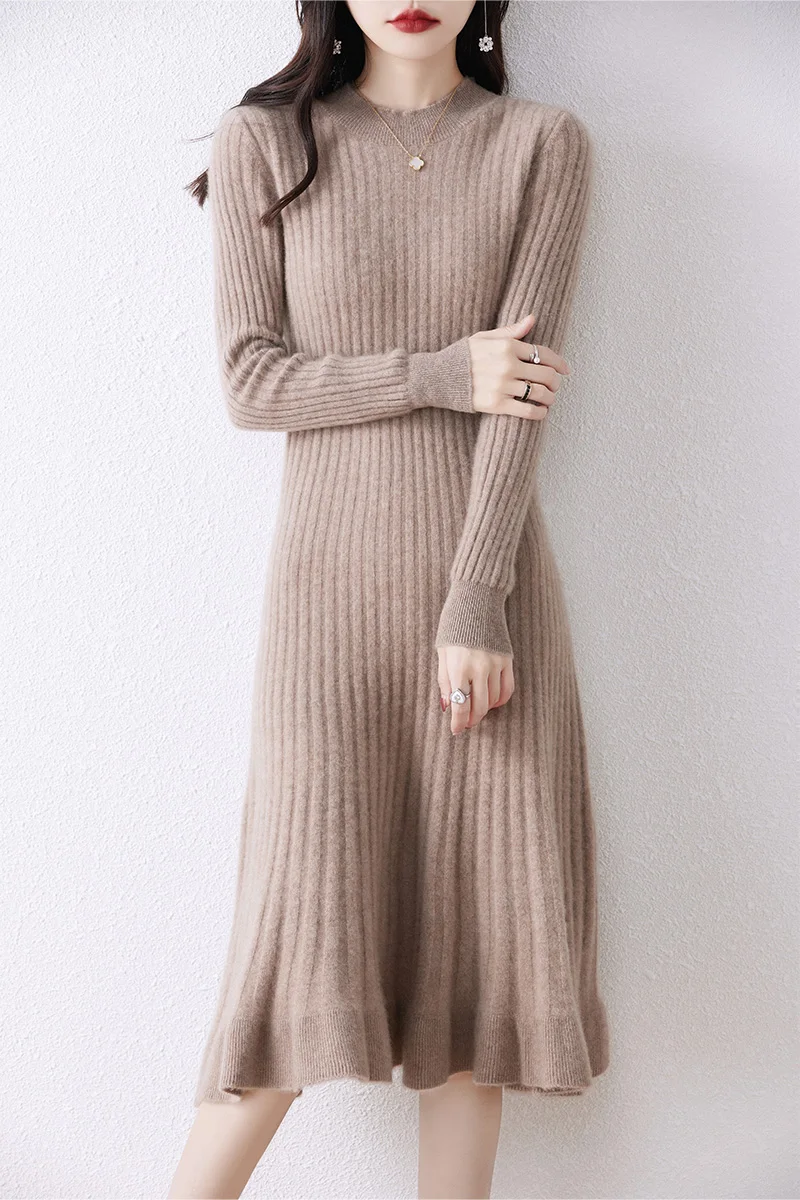 Women's Merino Wool Long Sweater Dress, Knee-Length, Round Neck, Pleated, Monochromatic, Commuting, Autumn, New, 100%