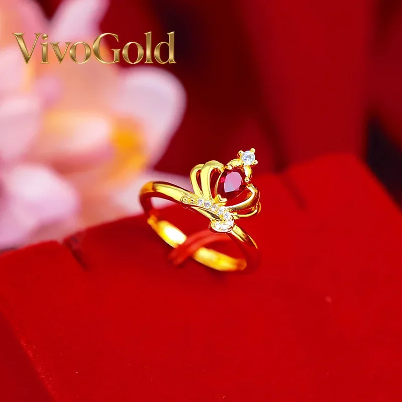 VivoGoldLight luxury 9999 24K real gold high-end European and American micro diamond gemstone crown ring women's diamond ring Ad