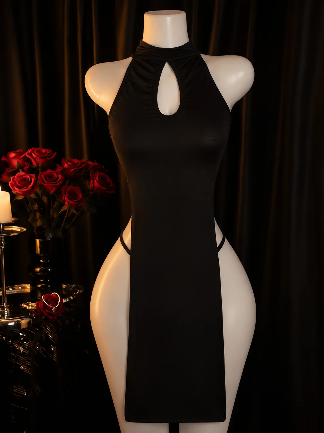 Women’s Sexy Lingerie Dress 2 Piece Set Halter Neck Keyhole Front Hollow Out Open Side Bodycon Mini Nightwear with Panties Black