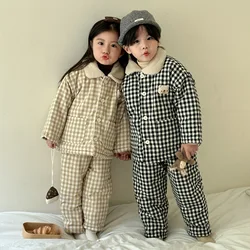 Winter Childrens Boys Sleepwear Thick Warm Plush Three Layer Cotton Padded Plaid Baby Boys Pajamas Kids Boys Homewears Set