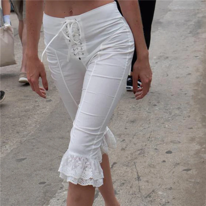 Women Capri Pants Lace Ruffles Front Cross Tie-Up Summer Casual Cropped Pants Stretch Crop Leggings Female Trousers Fashion 2025